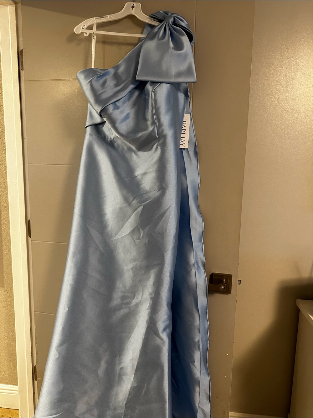 Bari Jay Mist Satin Halter Dress with Neck Bow in Light Blue - Picture 10 of 10